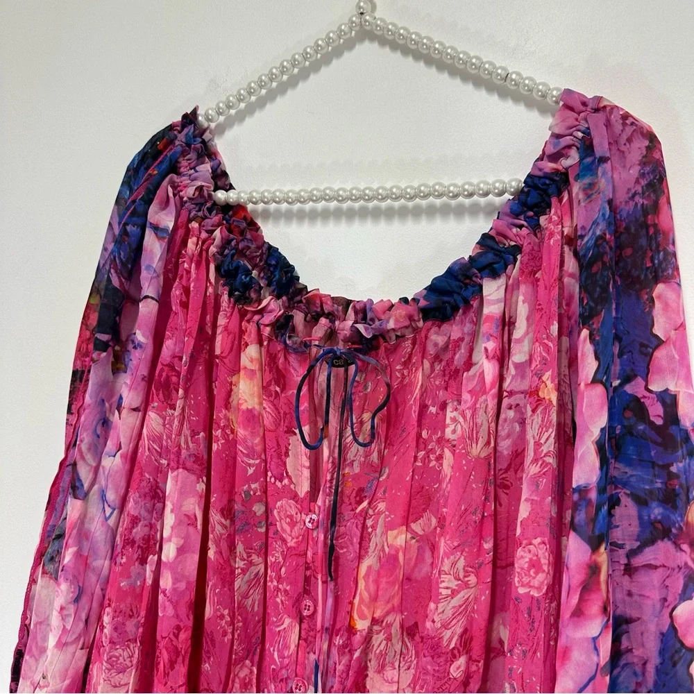 Roberto Cavalli Off the Shoulder 100% Silk Peasant Blouse in Pink and Blue